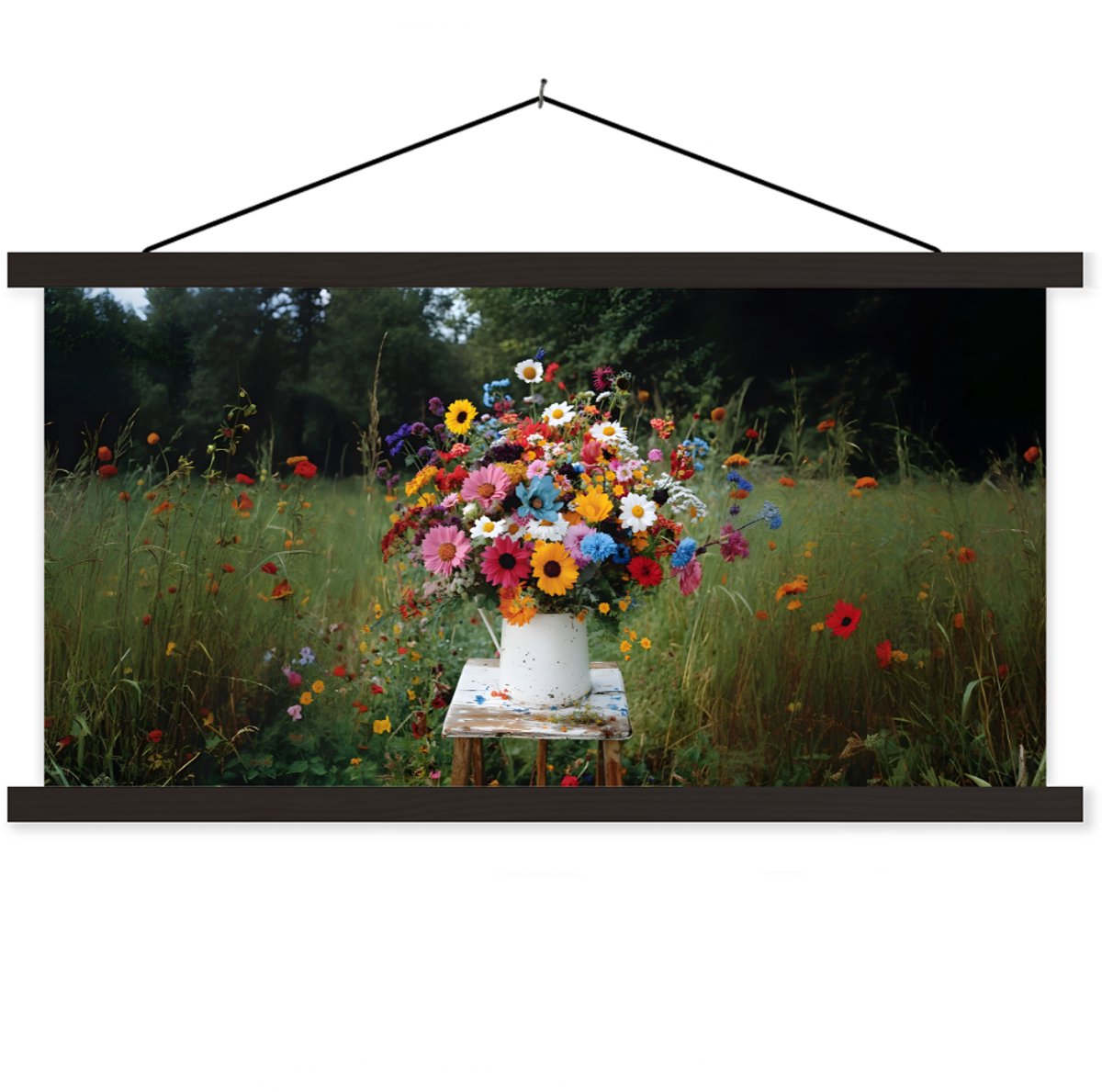 Posterhanger incl. Poster 150x75 cm - Schoolplaat - Bloemen - Krukje - Gieter - Veld - Tex