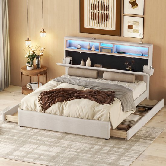 HAUSS SPOLE Gestoffeerd Bed 140x200 cm - Tweepersoonsbed Met Opbergruimte En Verstelbaar Hoofdeinde - LED Verlichting En USB Opladen - Linnen - Beige