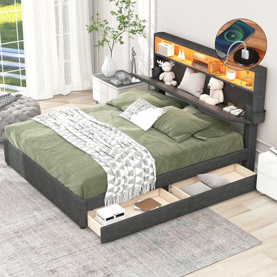 HAUSS SPOLE Tweepersoonsbedden 140x200 cm - Gestoffeerd Bed Met Opbergruimte En LED Verlichting - USB C-Type Oplaadfunctie - Linnen - Grijs