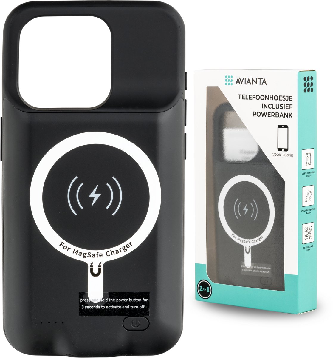 AVIANTA® Powerbank Telefoonhoesje - Geschikt voor iPhone 13 - Oplaadbaar Hoesje - Draadloos telefoon opladen - Smart Battery Case - Cover - Powerbank hoes - Zwart