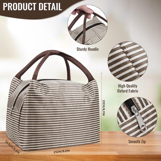 Lunchtas - Koeltas - Geïsoleerd - Kleine gekoelde lunchbox - Waterdicht - Volwassenen en kinderen - Voor werk - School - Picknick - Buiten - Bruine strepen van Merkloos — afbeelding 3