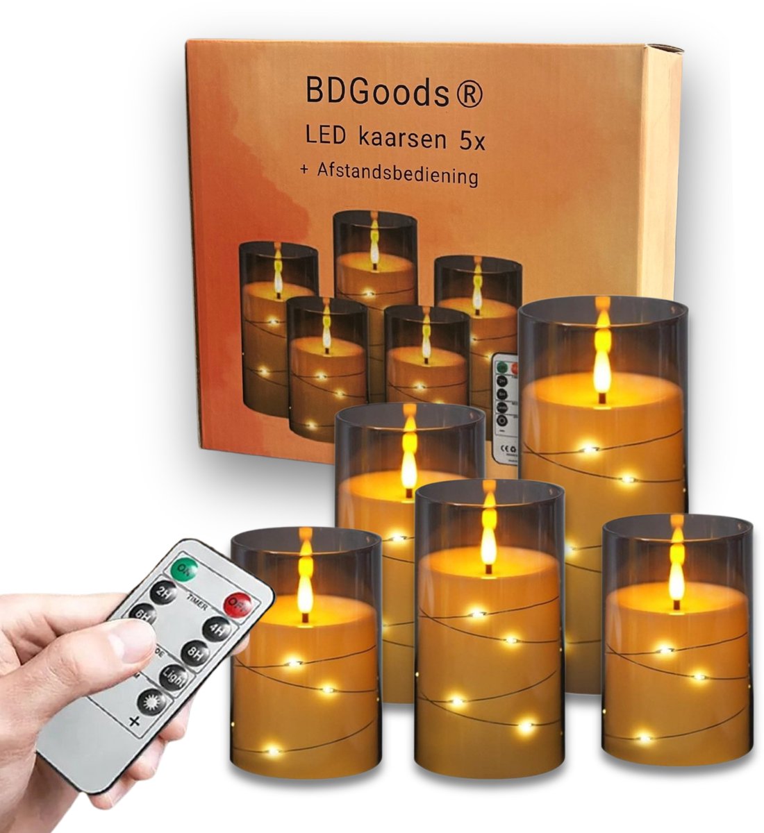 BDGoods® - LED Kaarsen met Afstandsbediening - 5 Stuks - Inclusief 10 AA Batterijen - met Flikkerende Vlam - LED Kaars - Bewegende Vlam - met Timer en Dimfunctie - Zacht Licht - Verlichting op Batterijen - Woonaccessoires - Dinerkaarsen - Stijlvol