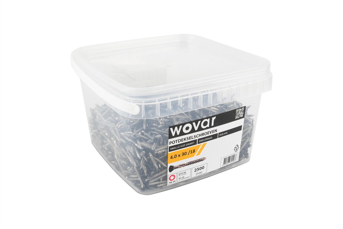 Wovar Voordeelemmer Potdekselschroeven Zwart RVS 410 4.0 x 30 mm Torx 15 deeldraad | 2500 stuks | Houtschroeven