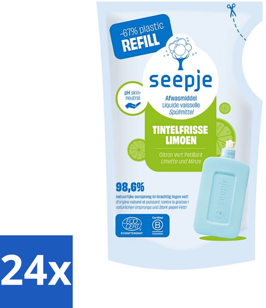 Seepje - Afwasmiddel - Duurzaam & Herbruikbaar - Re-fill - Tintelfrisse Limoen Geur - 500 ml - Voordeelverpakking - 24 stuks