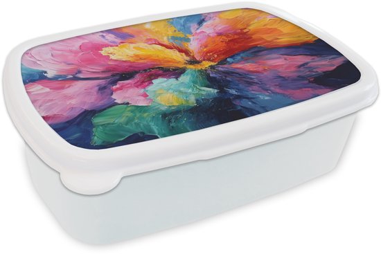 Broodtrommel Wit - Lunchbox Bloemexplosie - Veelkleurig - Bewegend - Brooddoos 18x12x6 cm - Brood lunch box - Broodtrommels voor kinderen en volwassenen