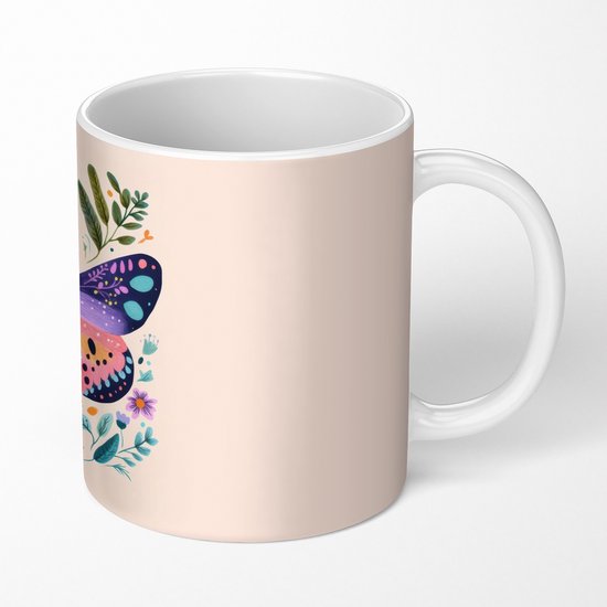 Mok - Koffiemok - Bloemen - Bladeren - Vlinder - Kleurrijk - Mokken - 350 ML - Beker - Koffiemokken - Theemok
