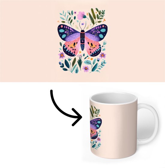 Mok - Koffiemok - Bloemen - Bladeren - Vlinder - Kleurrijk - Mokken - 350 ML - Beker - Koffiemokken - Theemok