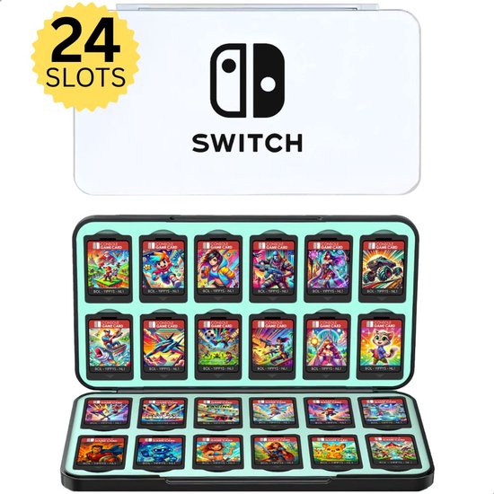 Witte Nintendo Switch gamekaarthouder met 24 slots, geopend en vol met spellen.