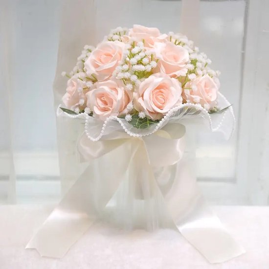 Bruidsboeket - trouwboeket - Bloemen bruiloft - Boeket - Roze kunstrozen met wit groene details - Bruidsmeisje - Communie - Bride to be - Vrijgezellenfeest