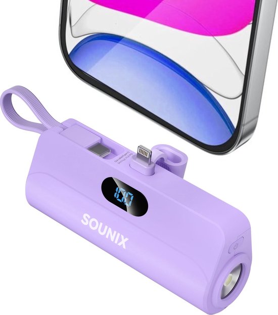 Sounix mini Powerbank avec Lampe de Poche - 5 000 mAh - Powerbank iPhone 12/13/14/15 - Lightning/USB-C - Chargeur rapide & affichage LED de la batterie - 12 Watt - Violet