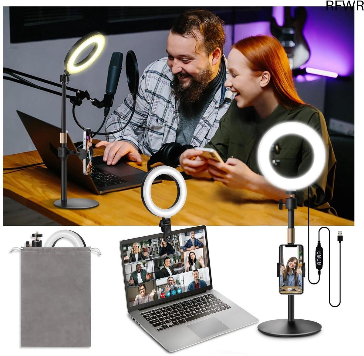 RFWR® Dimbare Ringlamp met Statief en Clip voor Videoconferenties en Make-up