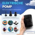 Elektrische luchtpomp met verschillende opzetstukken, inclusief voor luchtbedden, zwembanden en yogaballen.