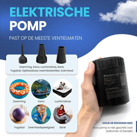 Elektrische luchtpomp met verschillende opzetstukken, inclusief voor luchtbedden, zwembanden en yogaballen.