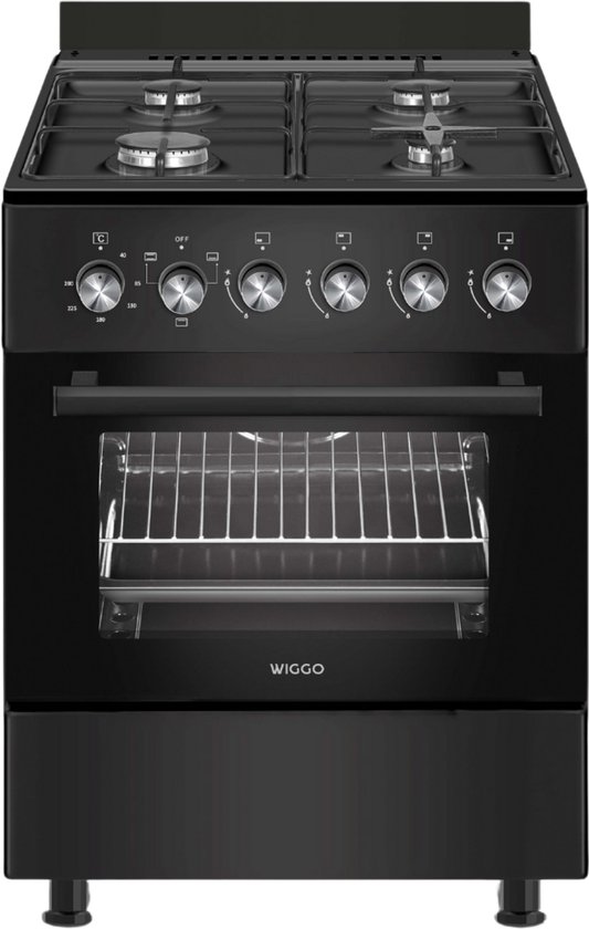 Wiggo WO‑E603R(BB) – Cuisinière à gaz pose libre – 60 cm – 4 zones de cuisson – Four électrique 56 L – Zwart – Allumage électrique et protection contre les flammes – Classe énergétique A – Garantie 5 ans