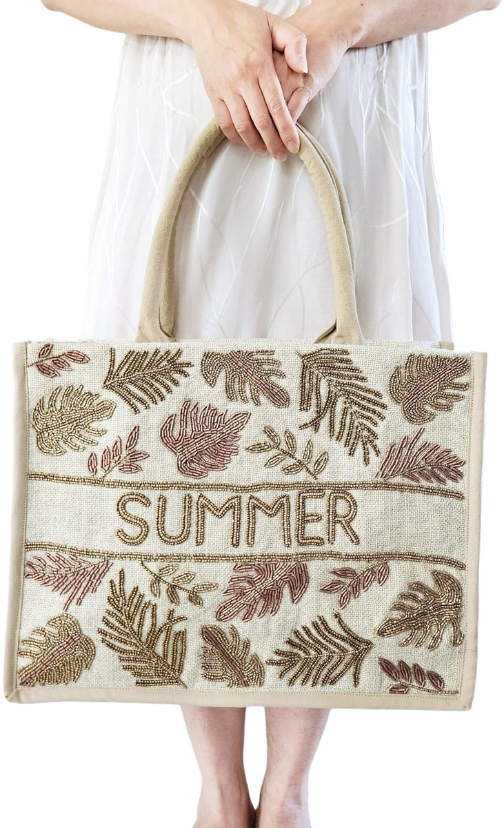 Dames Draagtas Jute met Kralen | Vintage , Ritsluiting Deels Katoen| Stijlvol, Ruim & Duurzaam tas| Elegante handtas voor vrouwen | Strandtas| Dames vakantietas 42x31x15 CM| Cadeau voor dames