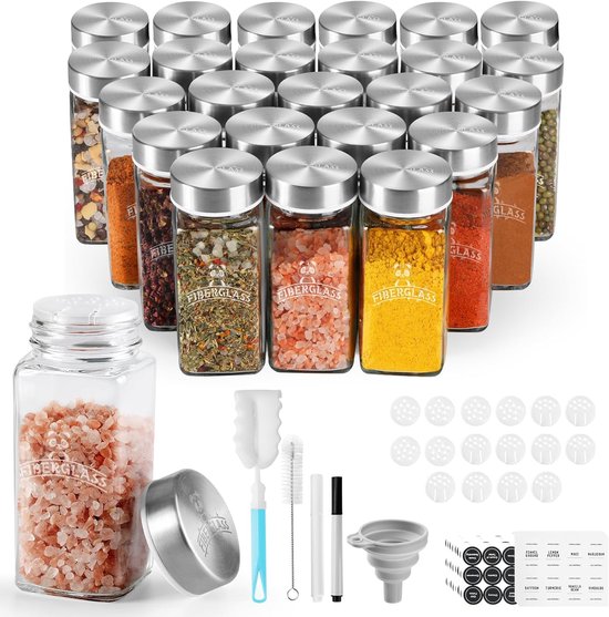 Kruidenpotjes set - 24 stuks - glazen met roestvrijstalen deksels - 120 ml