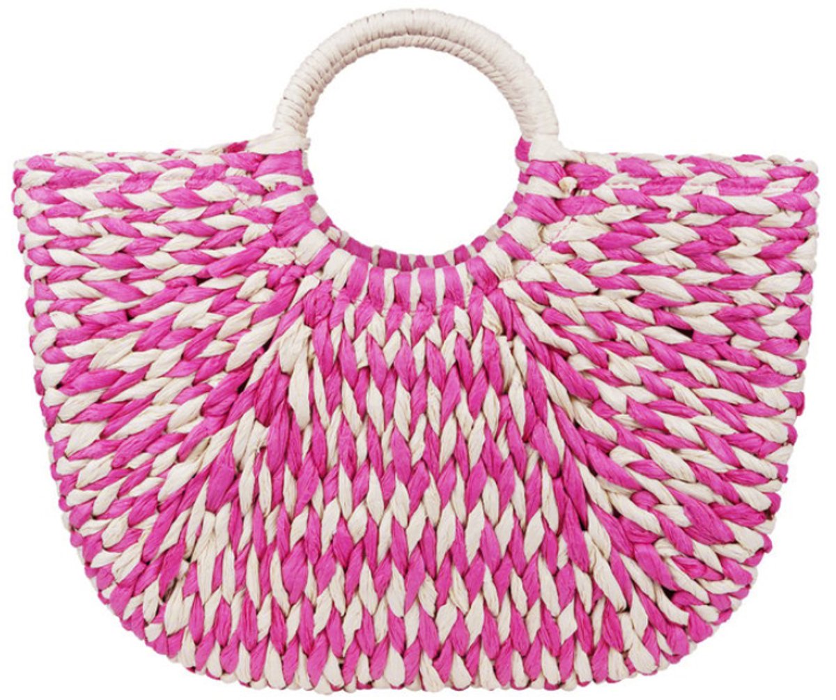 Gevlochten strandtas met rond handvat - zwart & wit