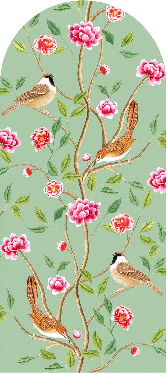 Muursticker - behangboog - Chinoiserie - vogels met bloemen en planten - 85 x 190 cm - wanddecoratie woonkamer - slaapkamer - zelfklevend behang - peel and stick wallpaper