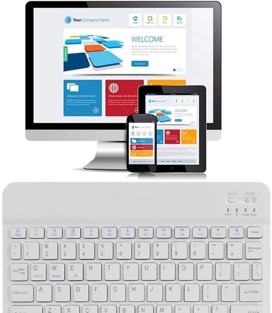 Wit Bluetooth toetsenbord met QWERTY-indeling, getoond met desktop, tablet en smartphone.