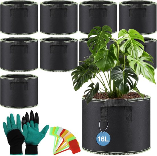 TTL Garden Plantenzak van vliesstof, 10 x 12 liter, 10-delige set, 12 liter, plantenzakken van 300 g/m² vilt en vliesstof, kweekbak, groeizak voor balkon, terras, kas en tuinieren