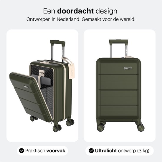 Groene koffer met open voorvak en gesloten koffer. Praktisch voorvak, ultralicht ontwerp (3 kg).