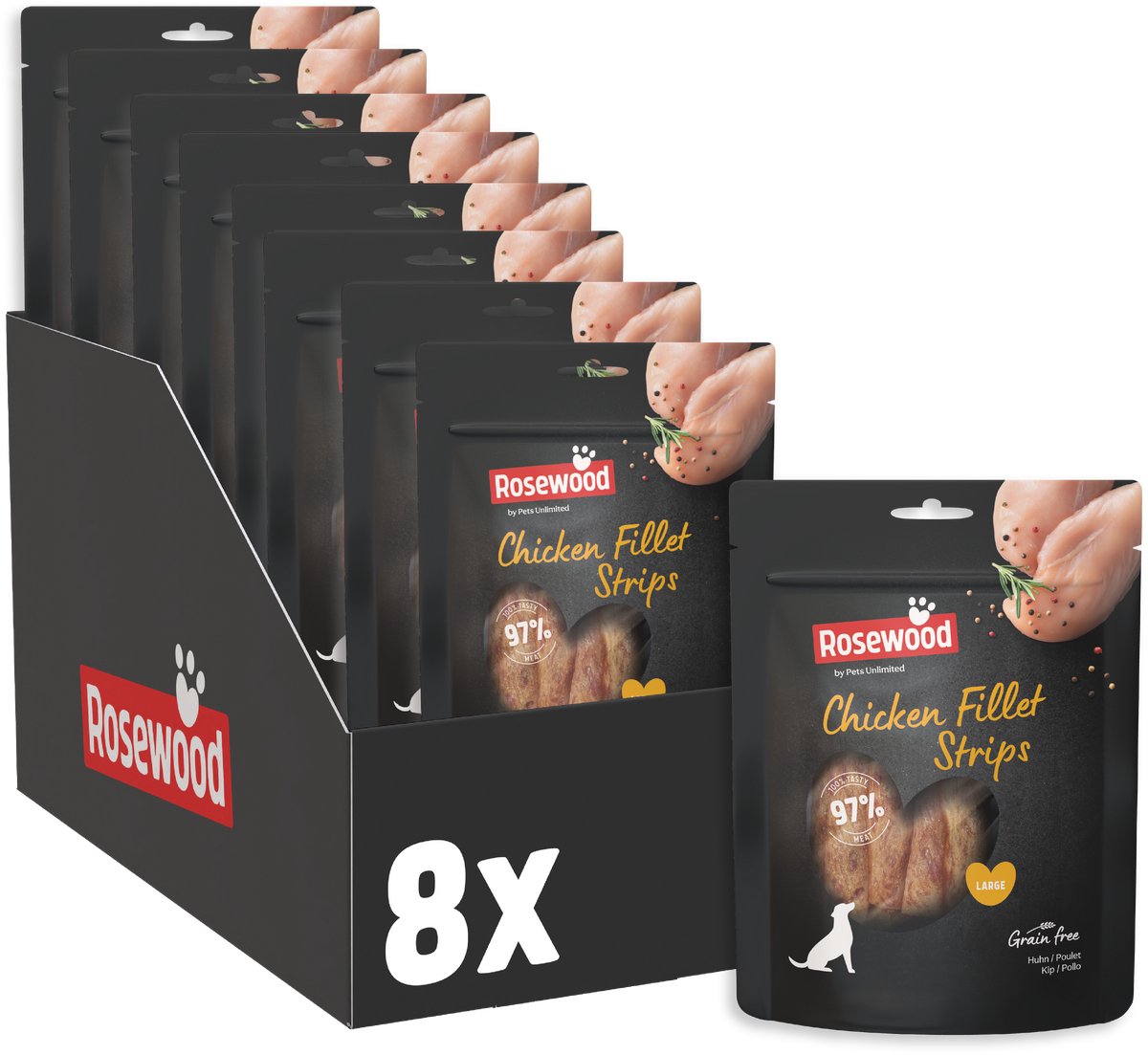 Rosewood Chicken Fillet Strips Large - Hondensnack voor Grote Honden - 97% Kip - Eiwitrijk & Vetarm - Zonder Kunstmatige Toevoegingen - 8 zakjes à 150g