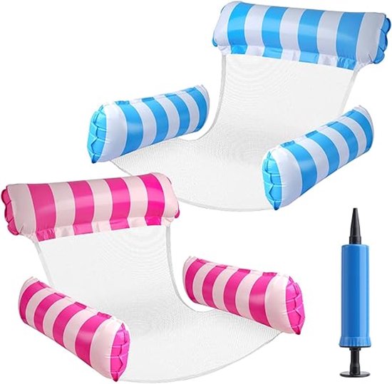 Matelas gonflable 4 en 1 pour piscine, lot de 2 hamacs aquatiques avec dossier et accoudoirs, hamac aquatique avec filet, pompes à air manuelles incluses, idéal pour la plage, le lac, la piscine