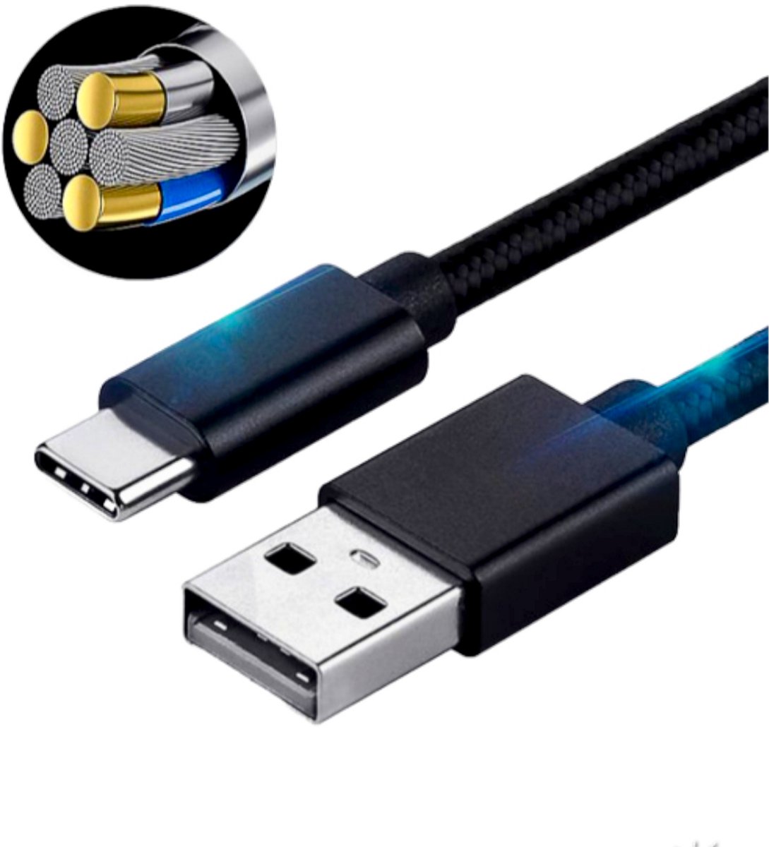 BrightNerd - USB-C Data- en Laadkabel - 3.0A Snellader Kabel - 1 Meter - Fast en Quick Charge Oplaadkabel - Type C Naar USB-A - Oplaadsnoer Telefoon - Laptop - Gevlochten Nylon - Zwart