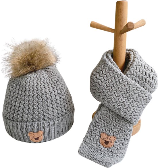 Beary Baby Muts & Sjaal - Baby muts - Kindermuts - Beanie - Winter - 0 tot 6 jaar - Grijs