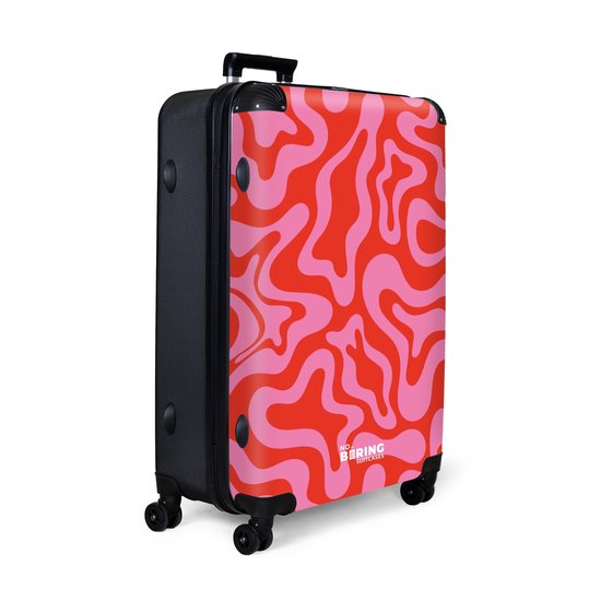 NoBoringSuitcases.com® - Koffer groot - Reiskoffer lichtgewicht - Roze met rode abstract patroon - Rolkoffer met 4 wielen - Grote trolley XL - 98 liter bagage