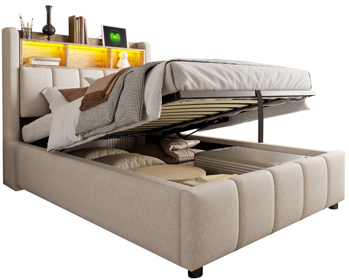 PugsdrlyGestoffeerd bed 90*200 cm met ledverlichting en USB-aansluiting, hoofdeinde met opbergvlakken en opbergruimte, met hydraulische opbergruimte, eenpersoonsbed voor kinderen, beige linnen — cadeau in Cadeau-ideeën - foto 8