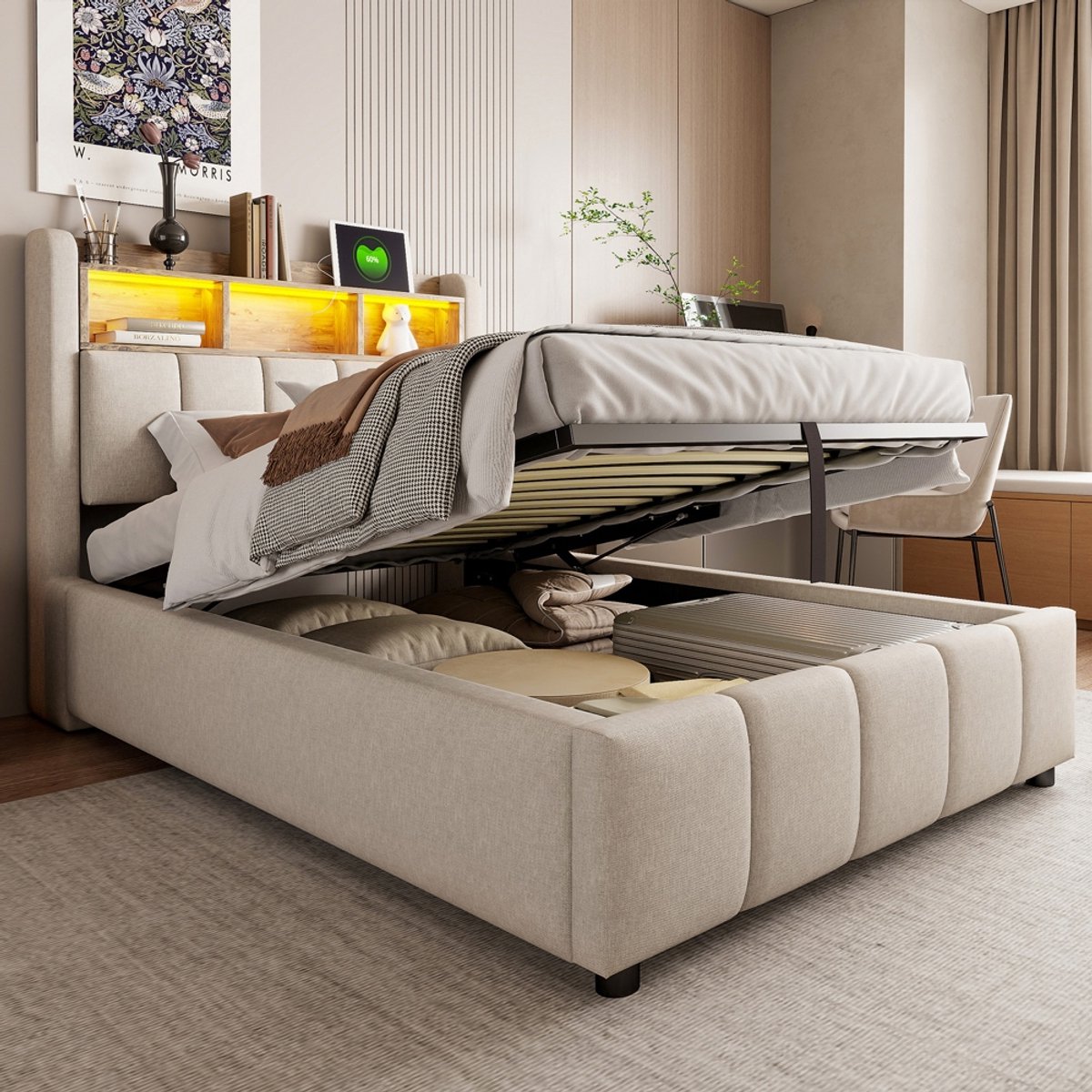 PugsdrlyGestoffeerd bed 90*200 cm met ledverlichting en USB-aansluiting, hoofdeinde met opbergvlakken en opbergruimte, met hydraulische opbergruimte, eenpersoonsbed voor kinderen, beige linnen — cadeau in Cadeau-ideeën - foto 5
