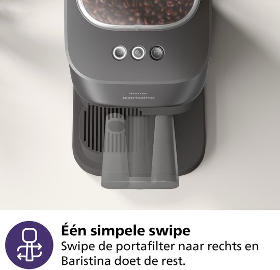 Detail van het uitwerp mechanisme van de Philips Baristina volautomatische espressomachine.