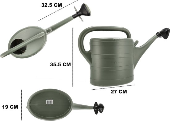 Afmetingen van de grijze 10 liter gieter: 32,5 cm lengte sproeier, 35,5 cm hoogte, 27 cm breedte, 19 cm diepte.