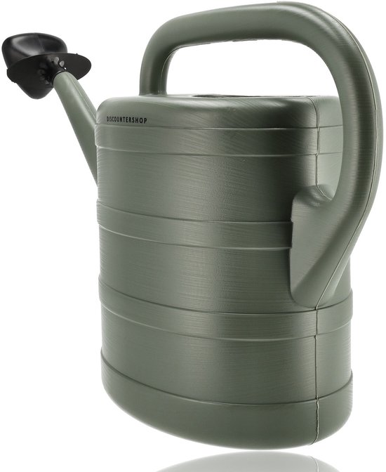 Grijze kunststof gieter van 10 liter, gezien vanaf de achterkant, met een gebogen handvat.