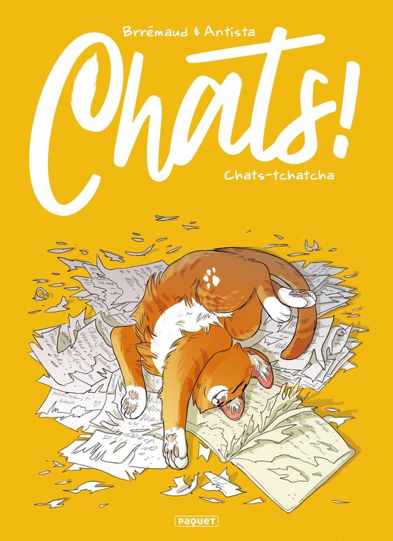 Livre 'Chats! Chats-tchatcha' avec illustration d'un chat roux couché sur des papiers. Par Brrémaud & Antista.