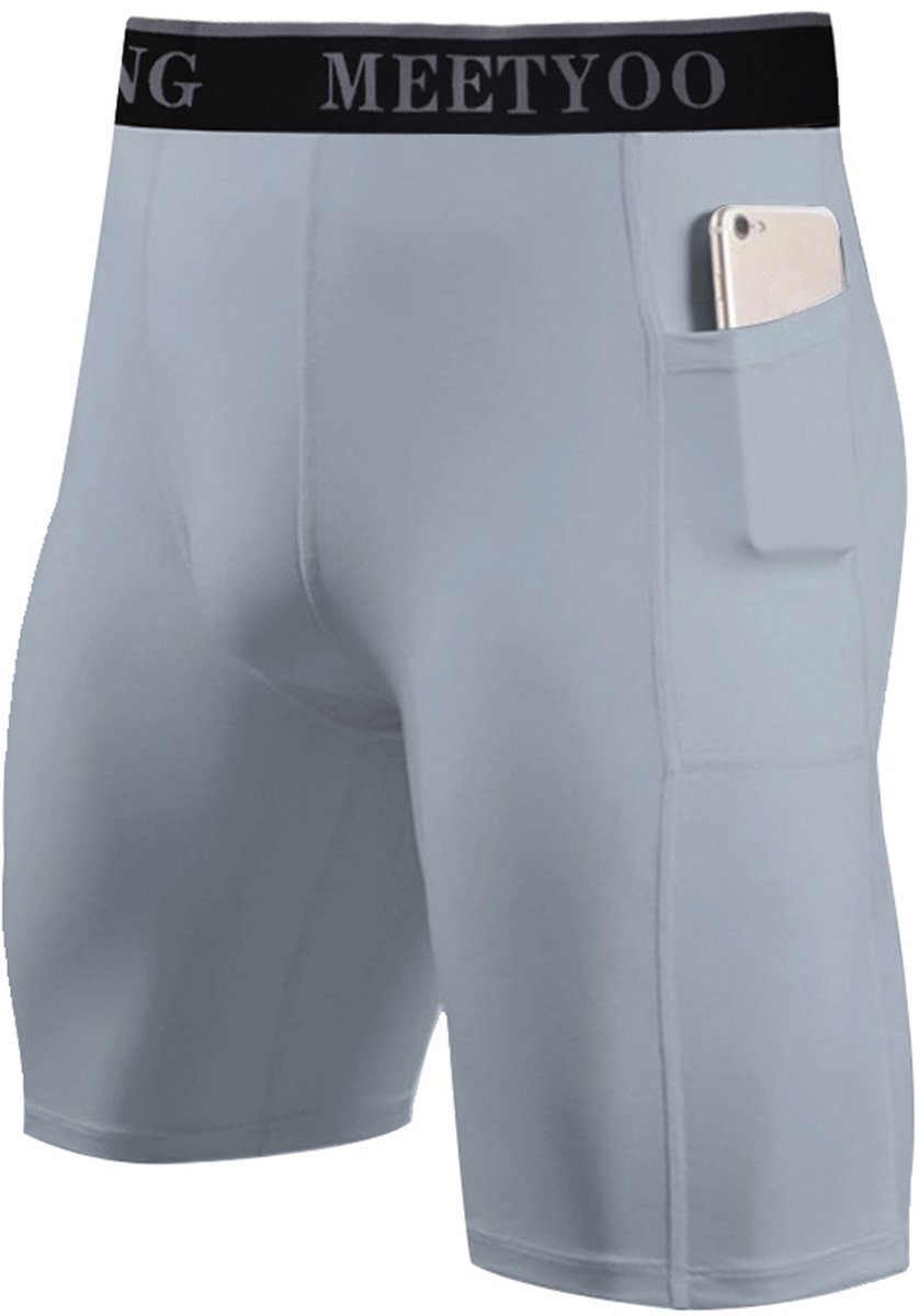MEETEU Legging Heren Sportbroek - Compressieshorts voor heren met zakje, compressieondergoed voor heren, sportshorts, hardloop- en fitnessshorts-Lichtgrijs-XXL