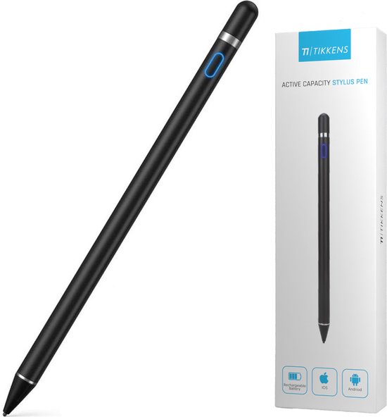 Stylet actif noir avec anneau bleu et son emballage. TIkkens Active Capacity Stylus Pen.