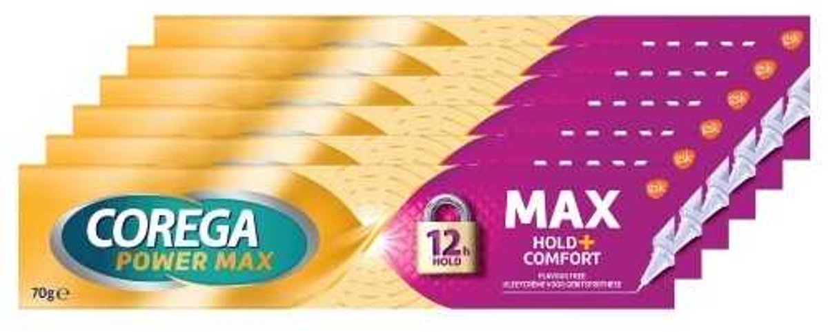 Corega Max Hold + Comfort kleefcrème voor de gebitsprothese voor sterke hechting, 6 x 70 g