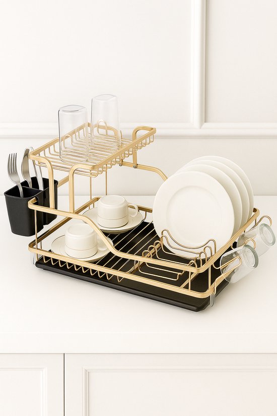 Égouttoir à vaisselle Mevaz avec bac d'égouttage - Égouttoir à vaisselle en aluminium à 2 niveaux - Compact et durable - Comprend un support Verres et couverts - 59 x 35 x 27 cm - Goud/Noir