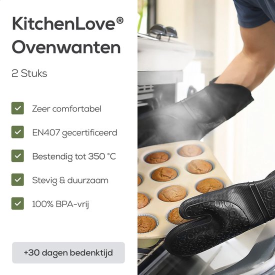 Twee zwarte ovenwanten, comfortabel, hittebestendig tot 350 °C, EN407 gecertificeerd en BPA-vrij. Een man gebruikt ze om muffins uit de oven te halen.