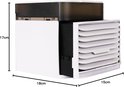 Afmetingen van een witte mini-aircooler met donkergrijs reservoir: 17 cm hoog, 18 cm breed en 15 cm diep.