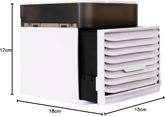 Afmetingen van een witte mini-aircooler met donkergrijs reservoir: 17 cm hoog, 18 cm breed en 15 cm diep.