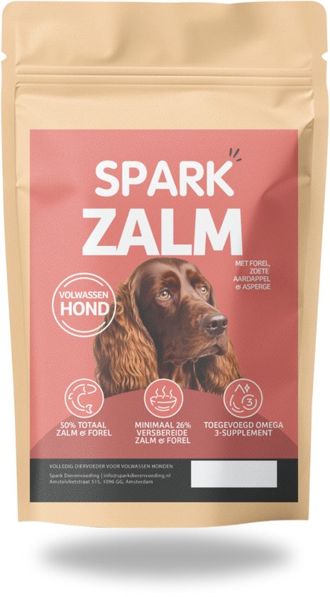 Bruine papieren zak 'Spark Zalm' hondenvoer met portret van een Ierse setter. Hypoallergeen, 50% zalm & forel, 26% verwerkte zalm & forel, omega-3 supplement.