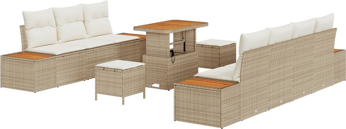 vidaXL - Tuinbank - Set - met - kussen - met - opslag - 10 - pcs - Beige - Poly - rattan