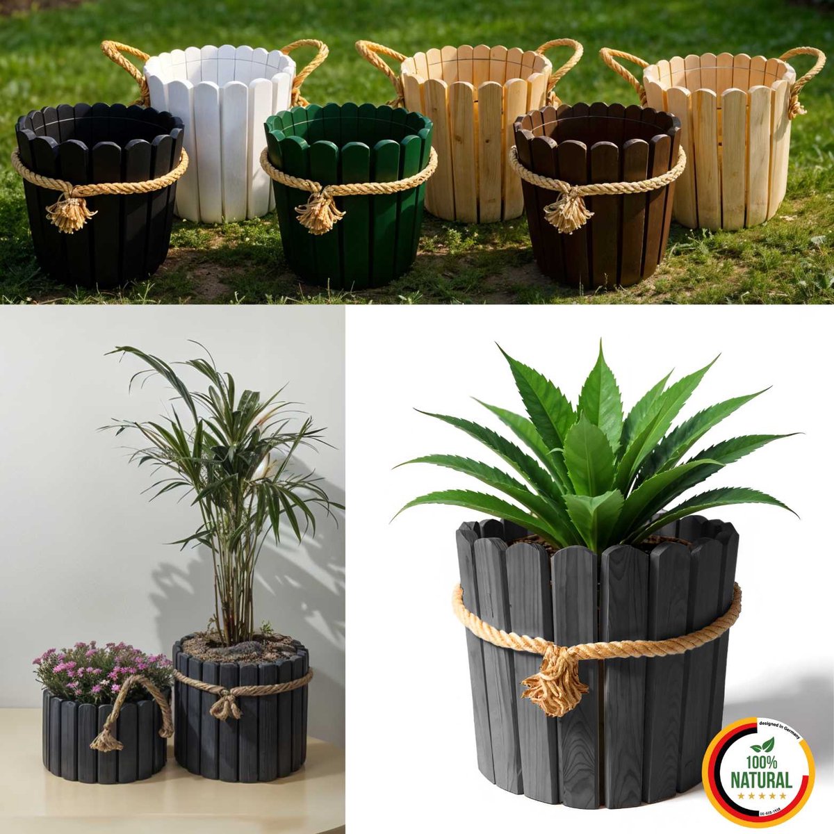 Floranica ronde bloempot 30 x 33 cm van grenenhout, plantenpot, bloembak, kruidenpot voor huis en tuin, voor binnen- en buitengebruik, antraciet