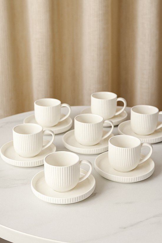Service à café Mevaz 12 pièces – Porcelaine 200 ml – Design Elegant et nervuré – Wit