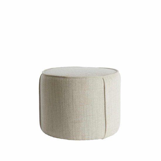 Pouf rond en tissu brun clair avec passepoil cousu sur fond blanc.