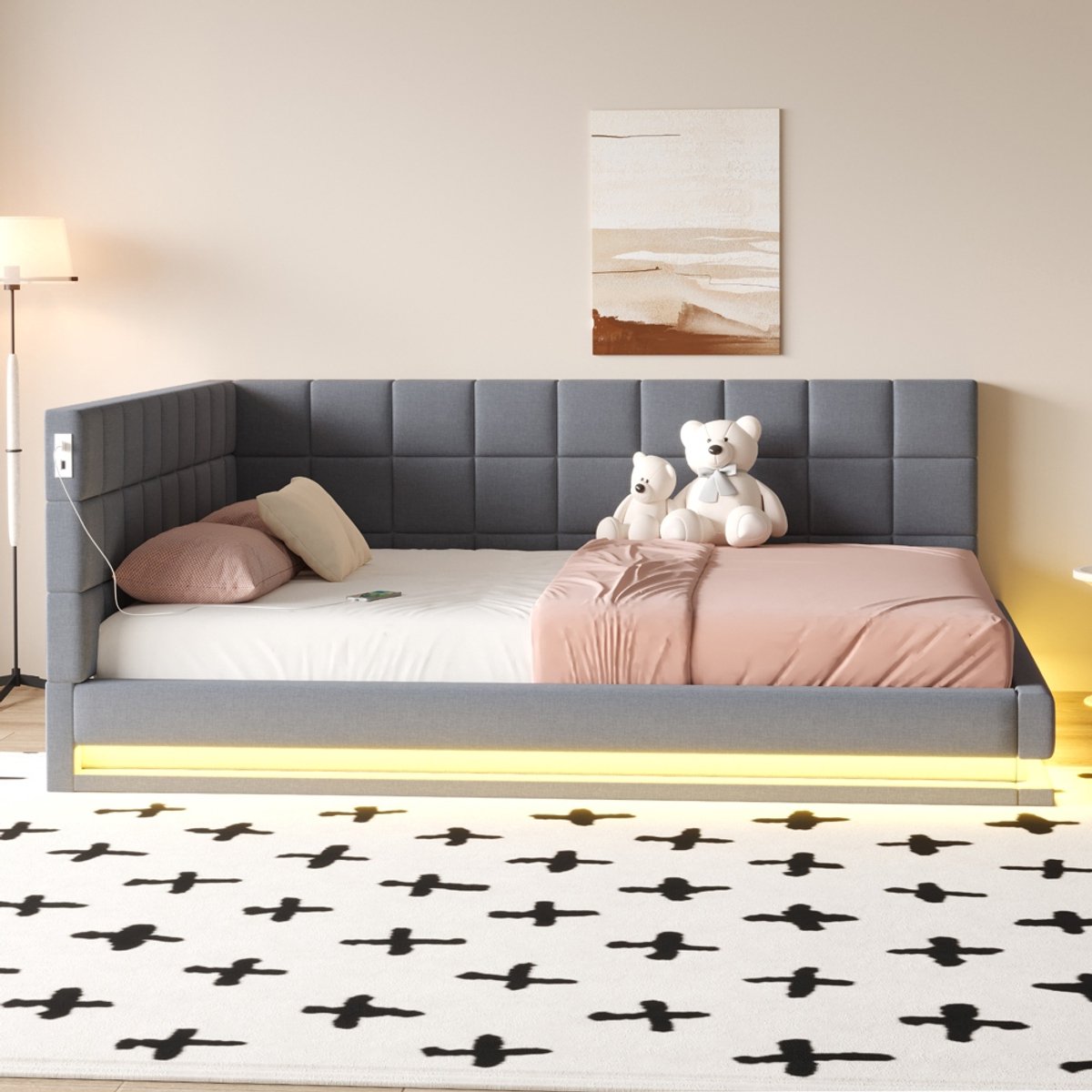 PugsdrlyGestoffeerd bed Slaapbank 160*200 Multifunctioneel bed met led-lichtstrip, USB-aansluiting en lattenbodem, aangenaam aanvoelende fluweelstof, grijs