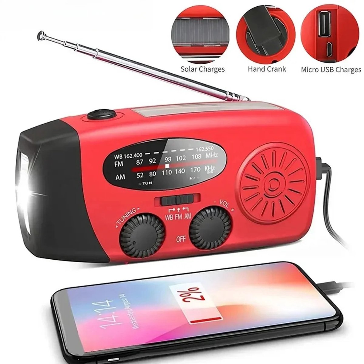 Noodradio - Draagbare FM Radio - Handcrank Radio - Zonnelader - Powerbank - Zaklamp - Tafellamp - AM/FM/NOAA Radio - Oplaadbaar via USB/Zonne-energie/Handslinger - Campingradio - Noodradio Outdoor - Compacte Radio - Radio op Batterij